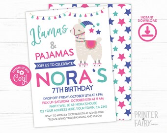 Llamas and Pajamas Birthday Invitation, Slumber Party, Sleepover Invitation, Personalized DIGITAL Invitation, 2 Options