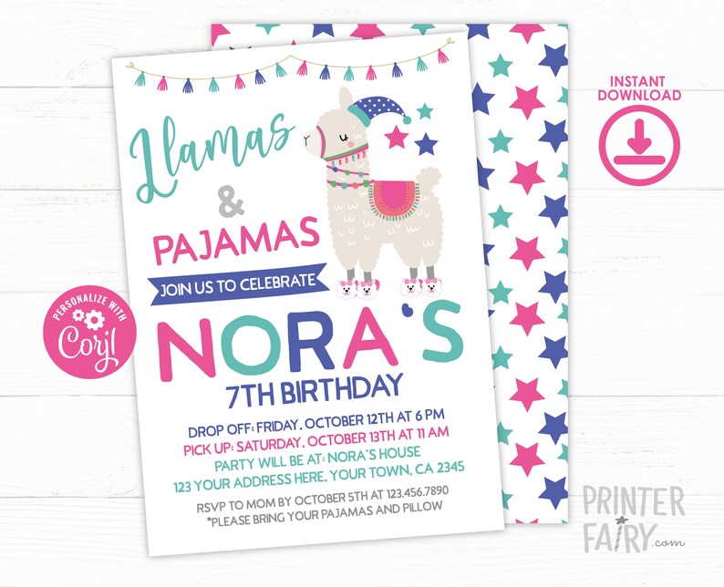 May include: A pink and blue birthday invitation with a llama wearing a blue hat and slippers. The invitation says "Llamas & Pajamas Join us to celebrate Nora's 7th Birthday".