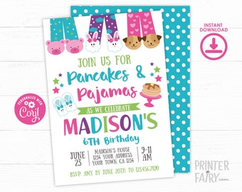 Pancakes and Pajamas Birthday Invitation, EDITABLE Invite, Pajama Party Invitation, Slumber Party Invitation, INSTANT DOWNLOAD