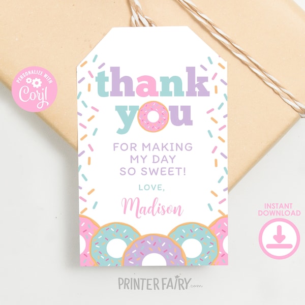 Donut Favor Tags, EDITABLE, Donut Birthday Party, Sprinkles Birthday, Donut Birthday Decoration, Thank You Tags, EDIT YOURSELF