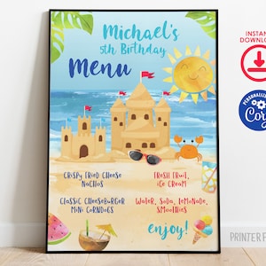 Menu de fête d'anniversaire de plage, modifiable, menu de dîner de château de sable, décorations de fête d'anniversaire d'été, signe de table de nourriture d'anniversaire de garçon, plan de table