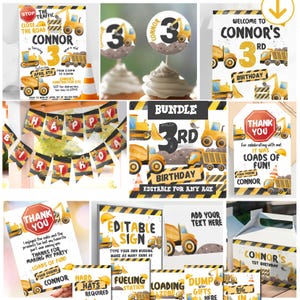 Puede incluir: Un conjunto de decoraciones para fiestas de cumpleaños con temática de construcción. Incluye invitaciones, adornos para cupcakes, pancartas, tarjetas de agradecimiento y letreros. La combinación de colores es amarillo, negro y blanco, con imágenes de vehículos de construcción.