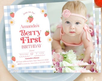 May include: A baby's first birthday invitation with the text "Amanda's Berry First Birthday" in pink. The invitation features strawberries, daisies, and a blue gingham pattern. A baby in a pink outfit is in the image.
