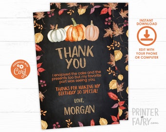 Pumpkin Patch Thank You Cards, EDITABLE, Fall Thank You Notes, Little Pumpkin Birthday Party, Thank You Cards, DIGITAL, Instant Download