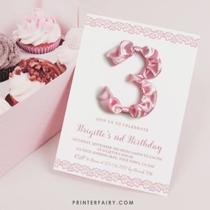 Pink Bow 3rd Birthday Party Invitation Editable Template Coquette Theme Invitation, Vintage Party Invite, Instant Download