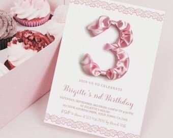 Pink Bow 3rd Birthday Invitation, Coquette Party, Editable Template (Instant Download)