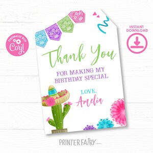 Fiesta Birthday Party Favor Tags, Editable Mexican Fiesta Thank you Tags, Fiesta Decorations, Cinco de Mayo Birthday Time Two Siesta