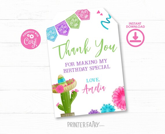 Fiesta Birthday Party Favor Tags, Editable Mexican Fiesta Thank you ...