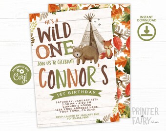 Wild One Invitation, EDITABLE, Tribal Woodland Birthday Invitation, Woodland First Birthday, Boho, DIGITAL, Instant Download