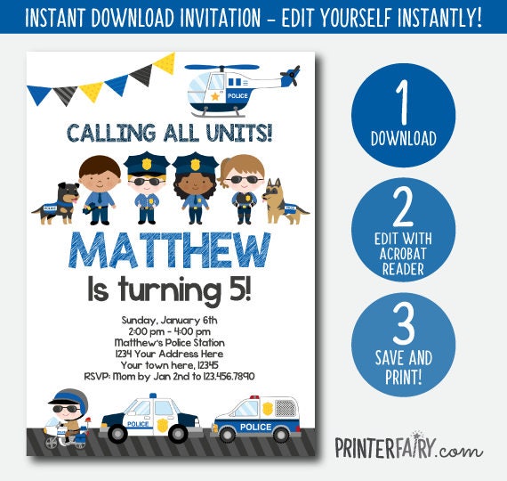 EDITABLE Police Invitation Police Birthday Invitation Police | Etsy