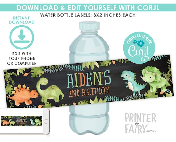Dinosaur Water Bottle Labels, EDITABLE, Dinosaur Birthday Party ...