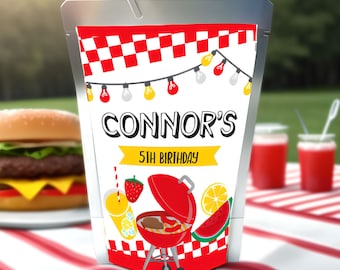 May include: Red and white checkered juice pouch with a grill, watermelon, lemon, and strawberry design. The pouch has the text "Connor's 5th Birthday" and the website "printerfairy.com".
