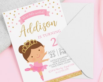 May include: A pink and gold birthday invitation for a girl turning two. The invitation features a cartoon ballerina with a crown and a pink tutu. The text on the invitation reads "We're tutu excited! Addison is turning 2. Aug 25 | 2-4 PM Little Ballerina Dance Studio 123 Your Address Here Your Town, CA2345 RSVP to Mom by August 20th to 123.456.7890"