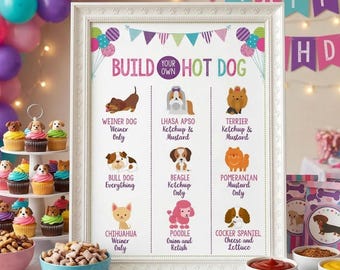 Build Your Own Hot Dog Bar Sign, Puppy Birthday Party Decor (Digital Download)