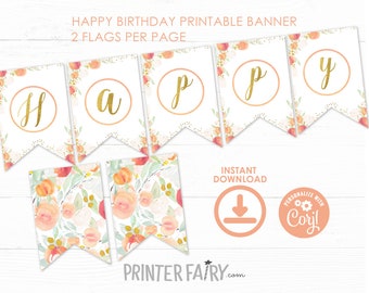 Peach Happy Birthday Banner, EDITABLE, Sweet as a peach, Peach Birthday, Floral Birthday, Girl Birthday, Peach Decorations, INSTANT DOWNLOAD