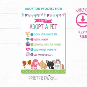 K&ouml;nnte beinhalten: Ein druckbares Schild mit bunten Wimpeln und gr&uuml;nem Hintergrund. Das Schild lautet "Wie man ein Haustier adoptiert" und listet f&uuml;nf Schritte auf: W&auml;hle dein Lieblingstier aus, gestalte ein Halsband, dekoriere ein Haus f&uuml;r dein Haustier, lass dein Haustier untersuchen und hole dein Zertifikat. Das Schild ist 21,6 cm x 27,9 cm gro&szlig;.