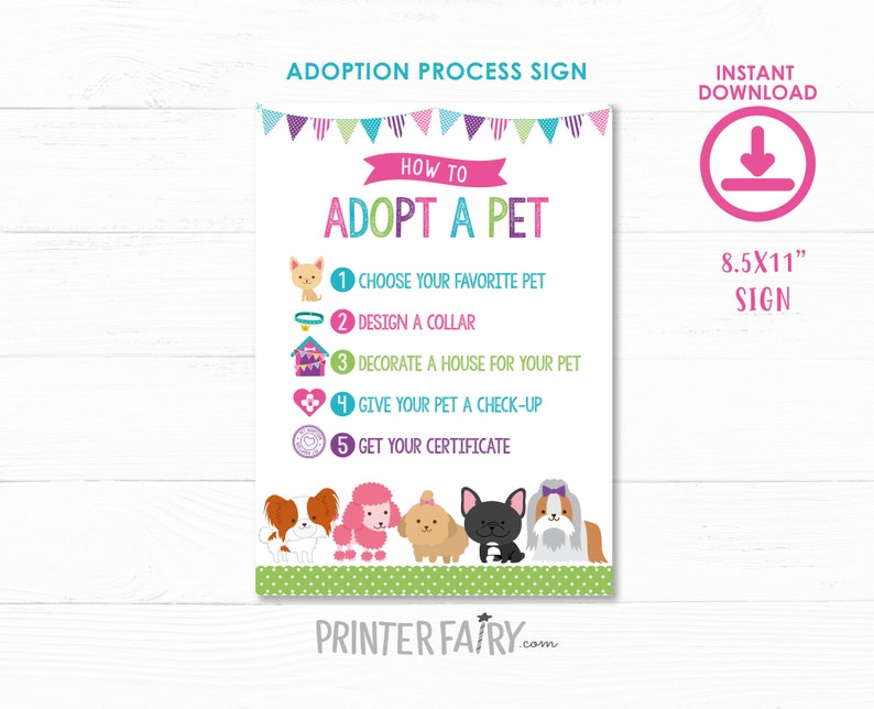 K&ouml;nnte beinhalten: Ein druckbares Schild mit bunten Wimpeln und gr&uuml;nem Hintergrund. Das Schild lautet "Wie man ein Haustier adoptiert" und listet f&uuml;nf Schritte auf: W&auml;hle dein Lieblingstier aus, gestalte ein Halsband, dekoriere ein Haus f&uuml;r dein Haustier, lass dein Haustier untersuchen und hole dein Zertifikat. Das Schild ist 21,6 cm x 27,9 cm gro&szlig;.