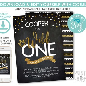 EDITABLE Wild One First Birthday Invitation, King 1st Birthday Party, 1st Birthday Invitation, Chalkboard, EDIT YOURSELF Digital Invite image 1