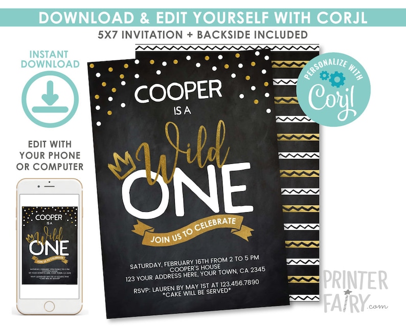 EDITABLE Wild One First Birthday Invitation, King 1st Birthday Party, 1st Birthday Invitation, Chalkboard, EDIT YOURSELF Digital Invite image 1