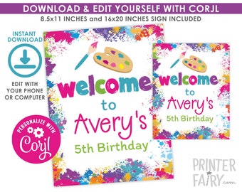 Art Party Welcome Sign, EDITABLE, Art Sign, Art Birthday Party, Paint Birthday, EDIT YOURSELF Digital, Instant Download