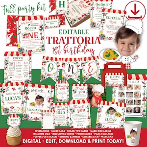 Kit para festa de primeiro aniversário Little Meatball, modelo editável, convite para festa de pizza italiana, etiquetas de agradecimento, painéis de marcos, download instantâneo