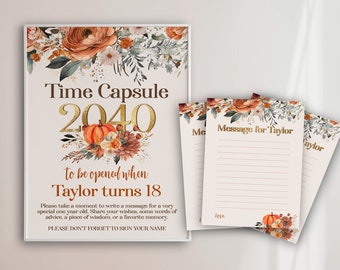 Editable Pumpkin Time Capsule Sign and Card: Floral Pumpkin First Birthday Keepsake, Fall Party games, Instant Download Corjl Templates