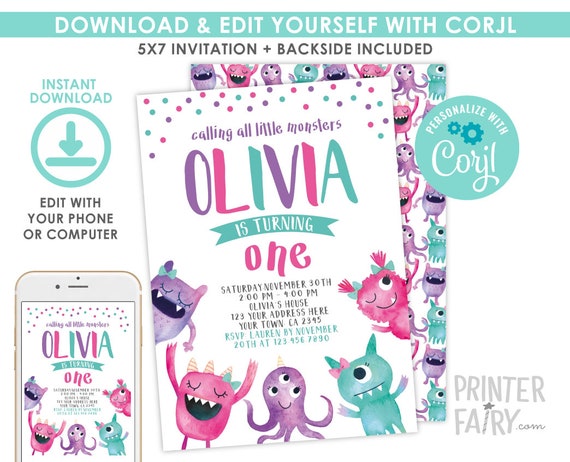 Little Monster Invitation, EDITABLE, Monster Birthday Party, Any age, Little Monster, EDIT YOURSELF Digital Invite, Instant Download Il_570xn