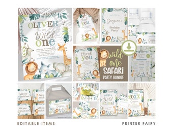 Wild One Safari 1st Birthday Bundle Editable Invitation, Thank You, Favor Tag, Banner, Sign, Milestones, Decorations, etc, INSTANT DOWNLOAD