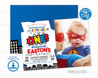 Superhero First Birthday Invitation with Photo, Editable, Little Superhero Party Invite, Comic Birthday Party, Super Heroes Birthday Party