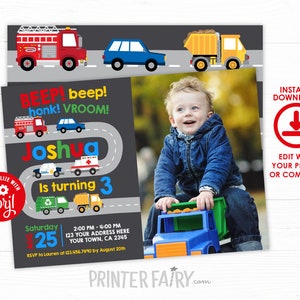 EDITABLE, Transportation Birthday Invitation, Firetruck, Police Invitation, Truck Invitations, City Birthday Party, INSTANT DOWNLOAD