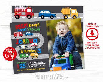 EDITABLE, Transportation Birthday Invitation, Firetruck, Police Invitation, Truck Invitations, City Birthday Party, INSTANT DOWNLOAD