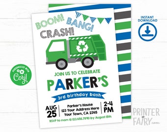 Editable Trash Truck Invitation, Trash Truck Party, Recycle Birthday party, Garbage Truck Invitation, Trash Truck Invite, INSTANT DOWNLOAD
