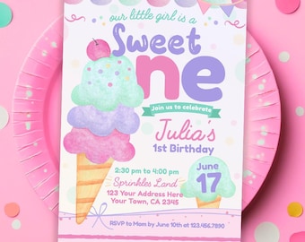 Ice Cream 1st Birthday Invitation, Editable Template (Digital Download)