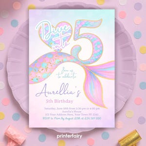 Dive into Five Mermaid Invitation Editable Template, 5th Birthday Invite, Under the Sea Birthday Party, Mermaid Party, Instant Download