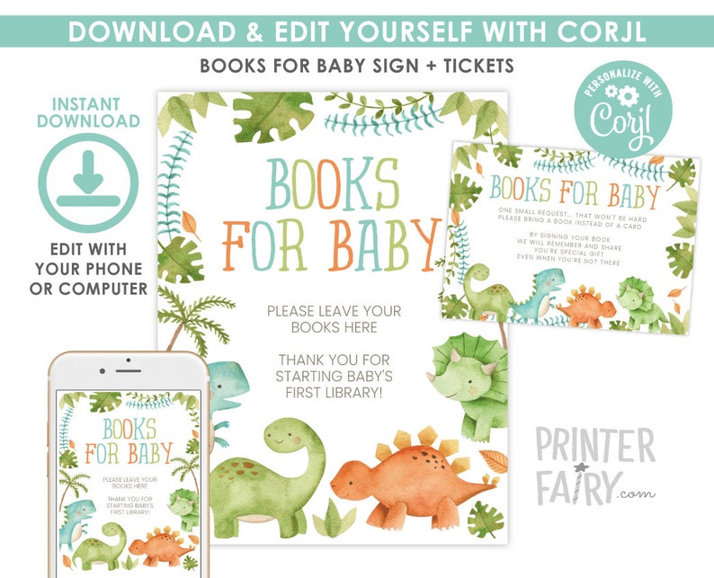 Dinosaur Books for Baby, EDITABLE, Dinosaur Birthday, Dinosaur Baby Shower, EDIT YOURSELF, Dinosaur Decorations, Instant Download image 1