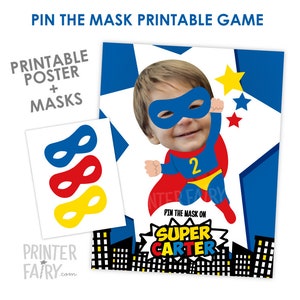 Pin The Mask Game, Superhero Birthday Party, Superheroes Party Decorations, Party Game, Pin the Tail, DIGITAL Personalized Poster image 2