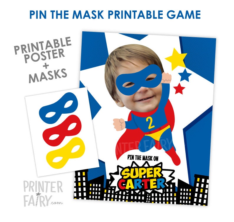 Pin The Mask Game, Superhero Birthday Party, Superheroes Party Decorations, Party Game, Pin the Tail, DIGITAL Personalized Poster image 2