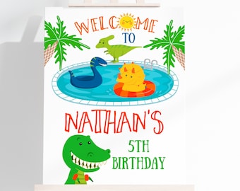 Dinosaur Pool Party Welcome Sign EDITABLE Dinosaur Birthday Decorations Summer T-Rex Triceratops Tropical Party INSTANT DOWNLOAD