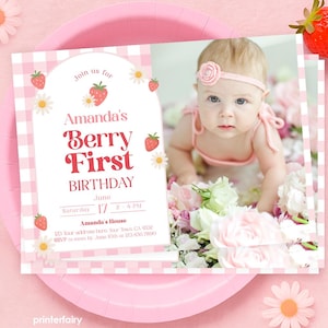 Erdbeere erste Geburtstags-Einladung mit Foto EDITIERBARE Vorlage Sweet One Berry Erste Einladung Mädchen 1. Geburtstagseinladung SOFORT-DOWNLOAD