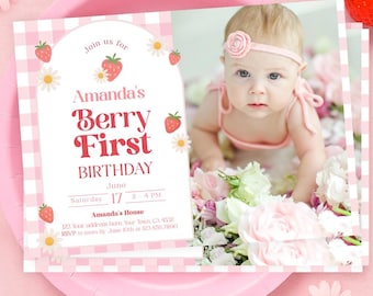 Strawberry First Birthday Invitation with Photo (Editable Template)