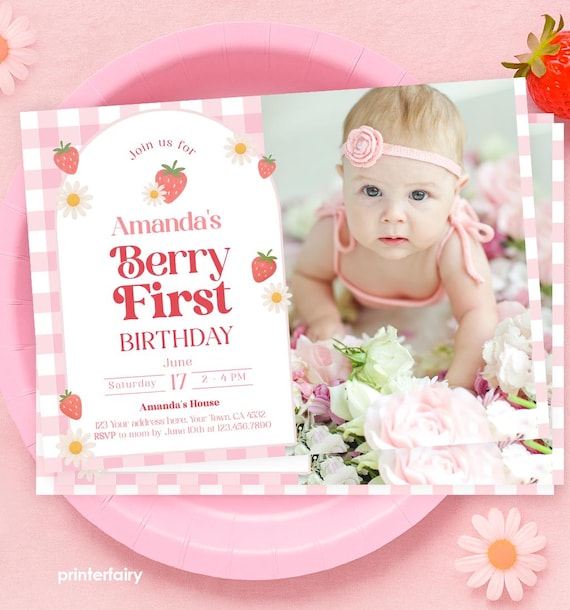 Strawberry First Birthday Invitation with Photo EDITABLE Template Sweet One Berry First Invite Girl 1st Birthday Invitation INSTANT DOWNLOAD