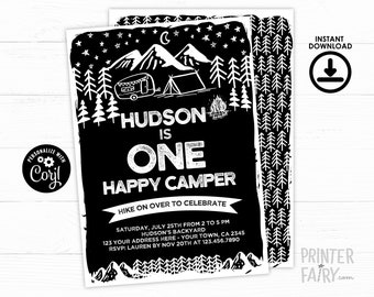 Happy Camper 1st Birthday Invitation, EDITABLE, Summer Camp Party, Camping Invitation, Backyard Birthday Party, INSTANT DOWNLOAD