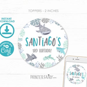 Shark Toppers, EDITABLE, Shark Birthday Party, Under the Sea Birthday Decorations, Printable Tags, Shark Stickers, INSTANT DOWNLOAD