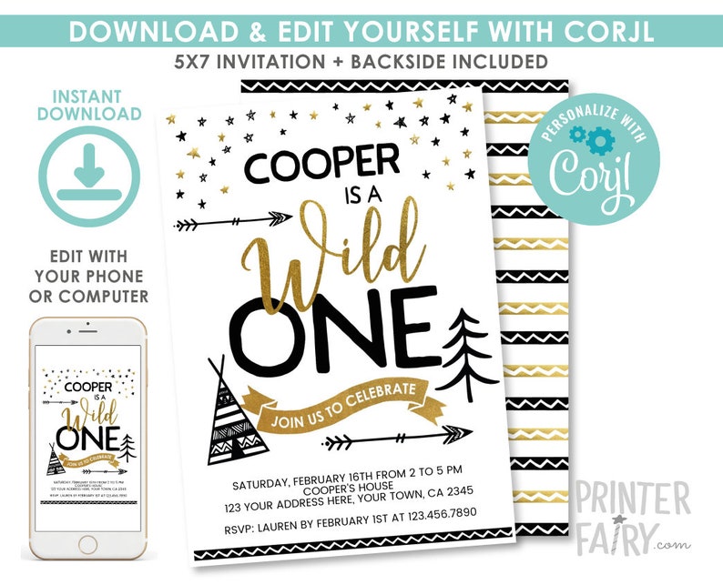 EDITABLE Wild One First Birthday Invitation, Wild One Party, 1st Birthday Invitation, EDIT YOURSELF Digital Invite image 1