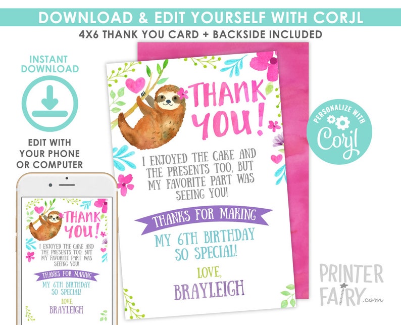 Sloth Thank You Cards EDITABLE Sloth Birthday Party Sloth - Etsy