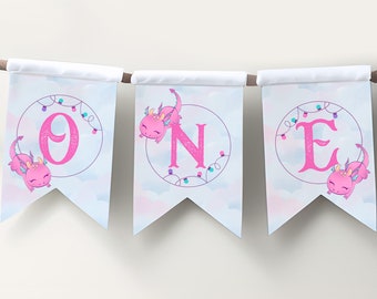 Dragon First Birthday Party Banner, Dragon Party Decorations, Girl Dragon Party, Cute Dragon Party Bunting Banner Instant Download Printable