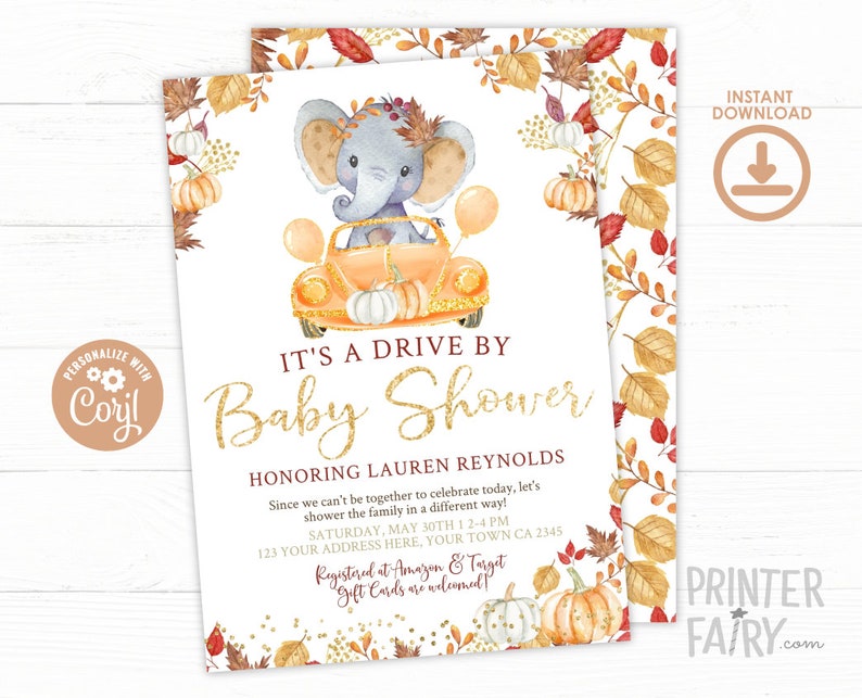 Drive by Elephant Baby Shower Invitation Editable Pumpkin Etsy