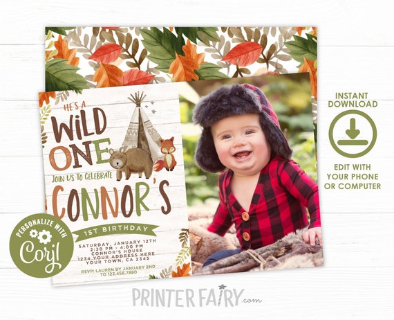 Wild One Invitation with Photo, EDITABLE, Tribal Woodland Birthday Invitation, Woodland First Birthday, Boho, DIGITAL, Instant Download Il_570xn