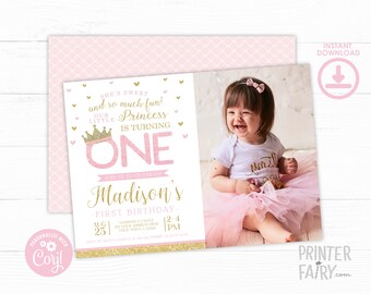 Princess 1st Birthday Invitation with Photo, EDITABLE Princess Invitation, Pink and Gold Invitation, EDIT YOURSELF, Instant Download