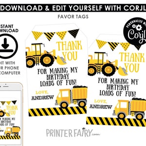 Construction Favor Tags, EDITABLE, Dump Truck Birthday, Construction Thank You Tag, Printable Favor Tags, INSTANT DOWNLOAD image 2